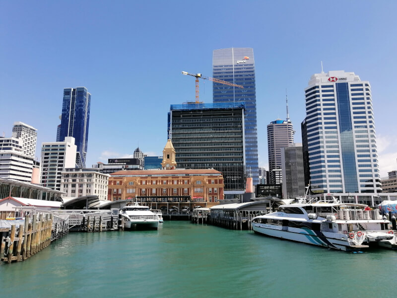 Auckland harbour seen from the water on a sunny day